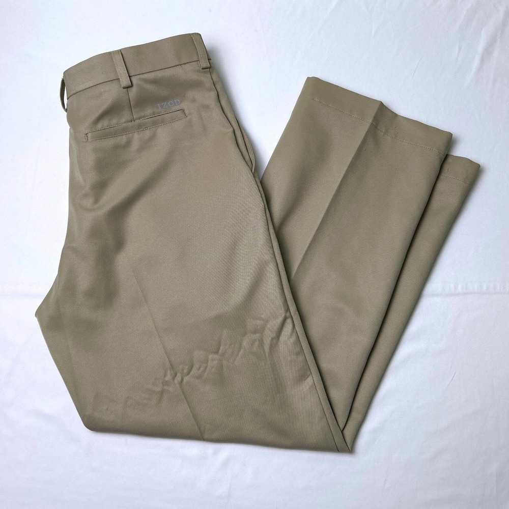 IZOD Mens Flat Front Performance Khaki Golf Pants Size 32x30 Tan Athleisure